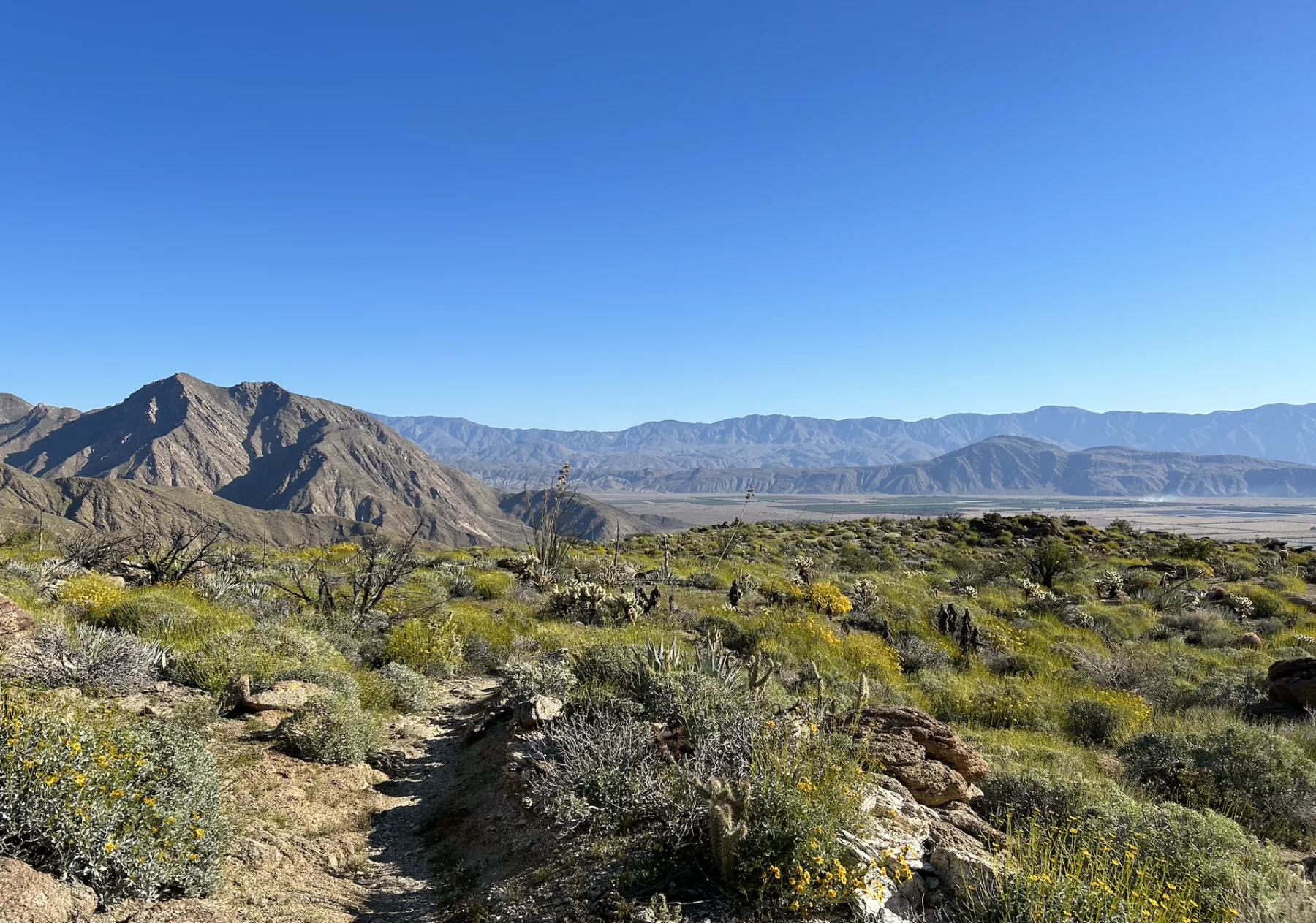 Desert trail winding toward distant mountains